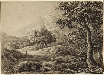 Landschap met besneeuwde bergen en drie figuren